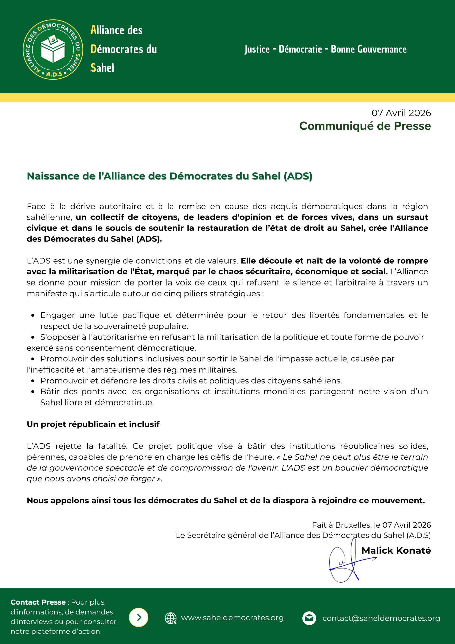 Communiqué de presse N°001 de l'Alliance des Démocrates du Sahel, 7 avril 2026