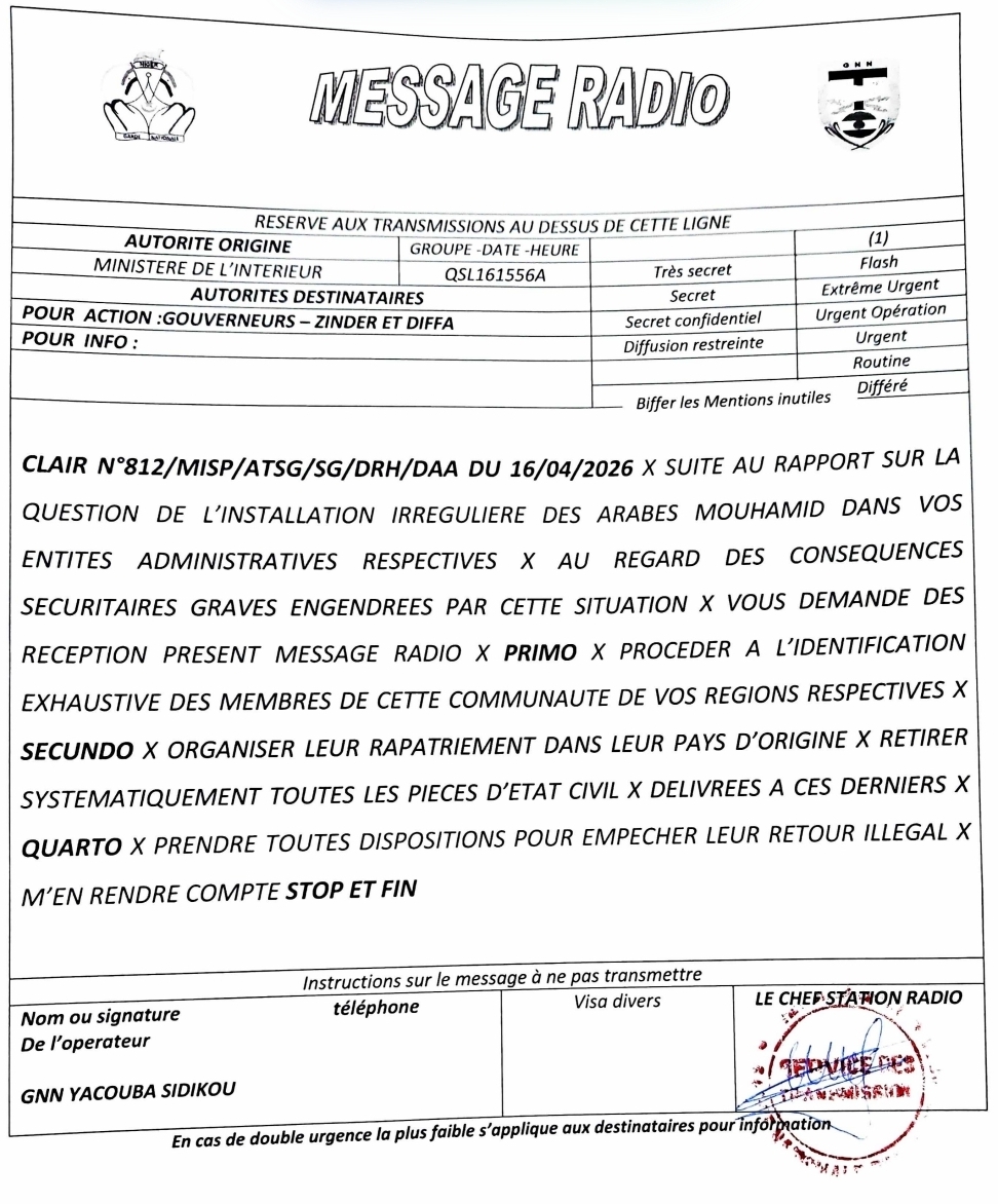 Message radio du ministère de l'Intérieur ordonnant le renvoi des Arabes Mohamid