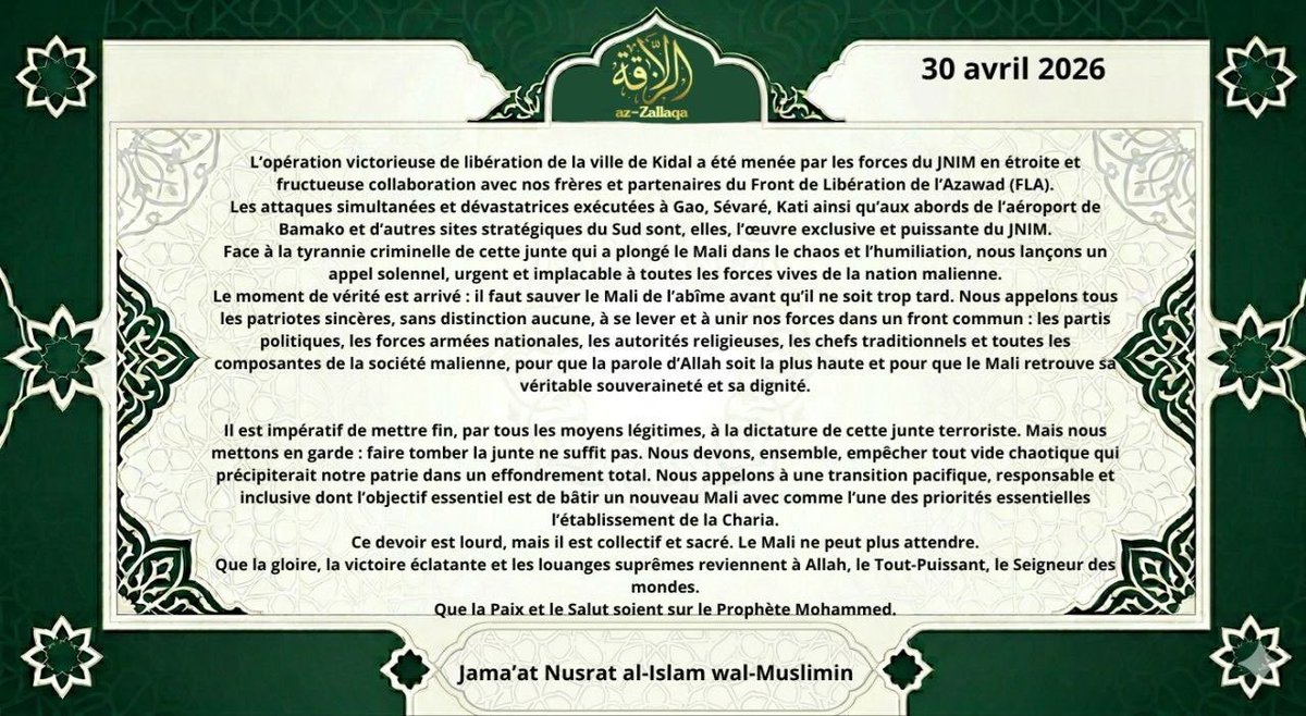 Déclaration générale du JNIM — 30 avril 2026