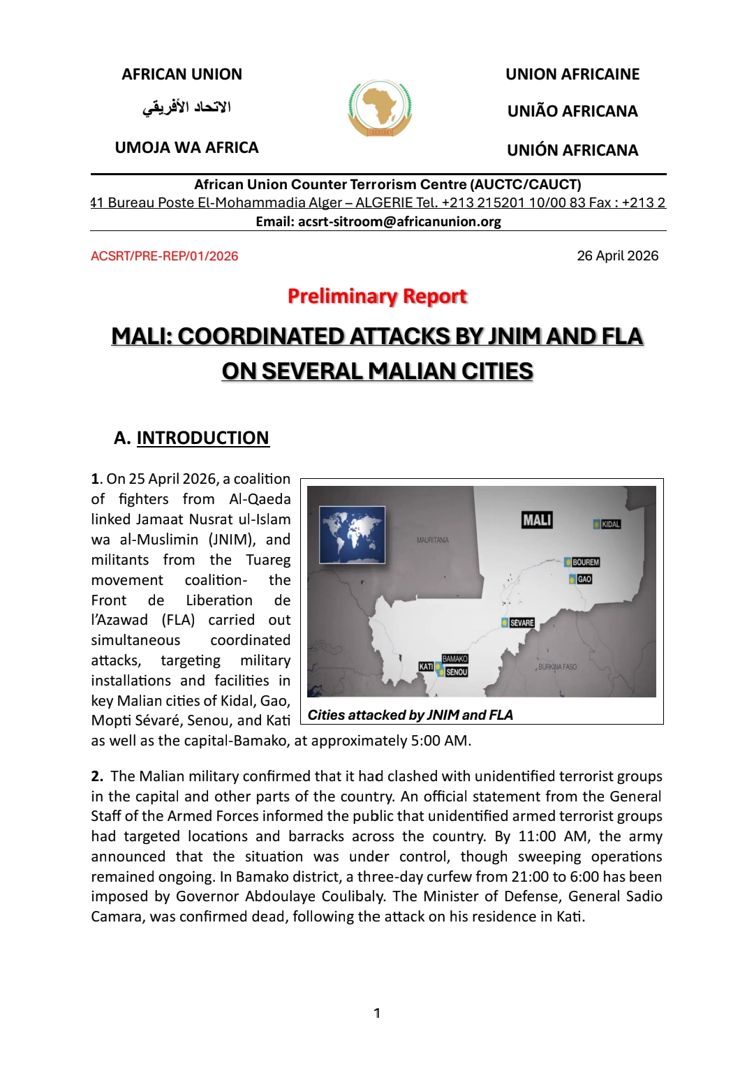 Première page du rapport préliminaire ACSRT/PRE-REP/01/2026 du Centre antiterroriste de l'Union africaine, daté du 26 avril 2026
