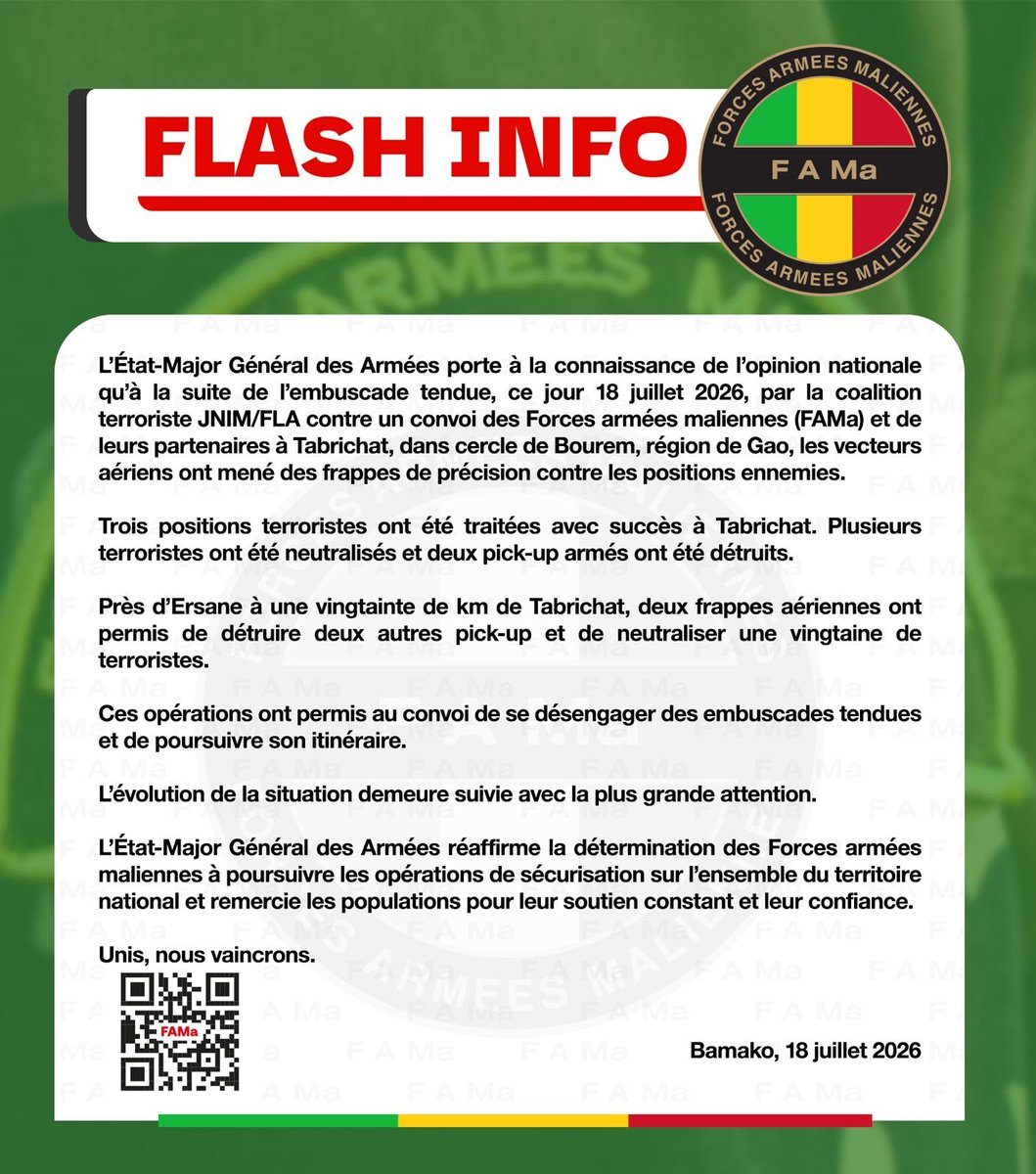 Capture du communiqué de l'État-Major Général des Armées maliennes sur l'embuscade de Tabrichat, publié le 18 juillet 2026.