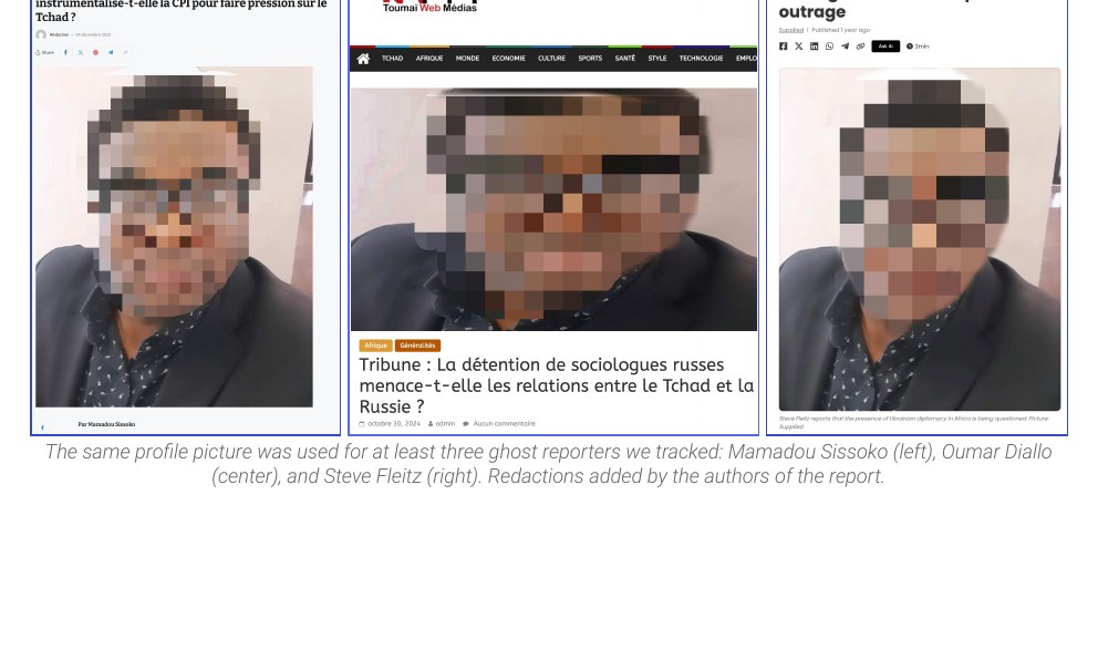 Trois profils de faux reporters utilisant la même photo, visages floutés