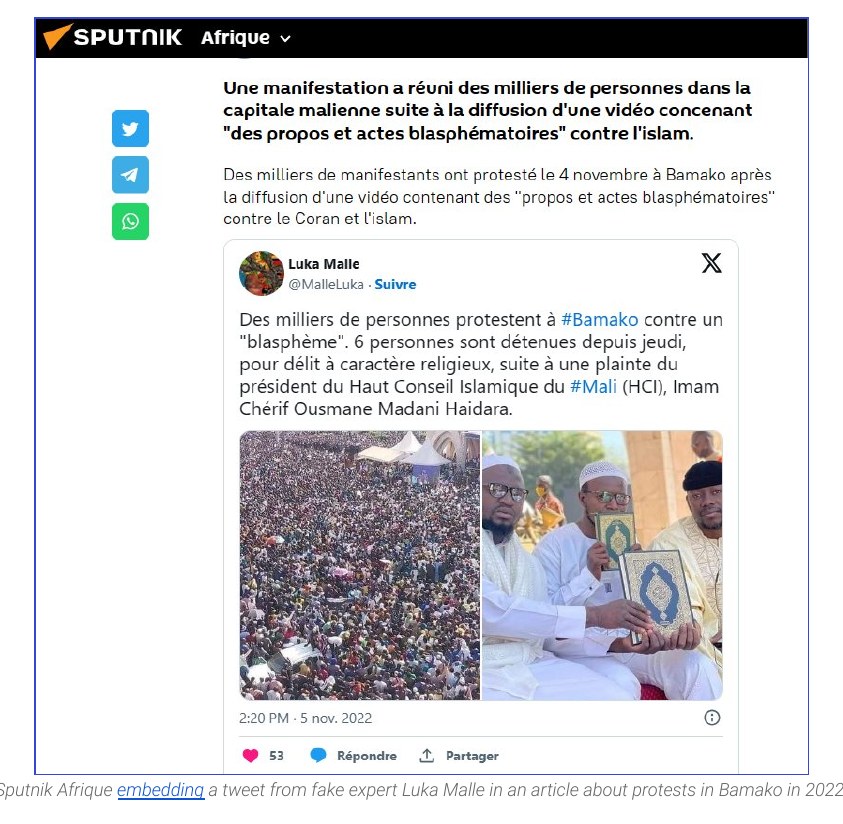 Article de Sputnik Afrique intégrant un message du faux expert Luka Malle